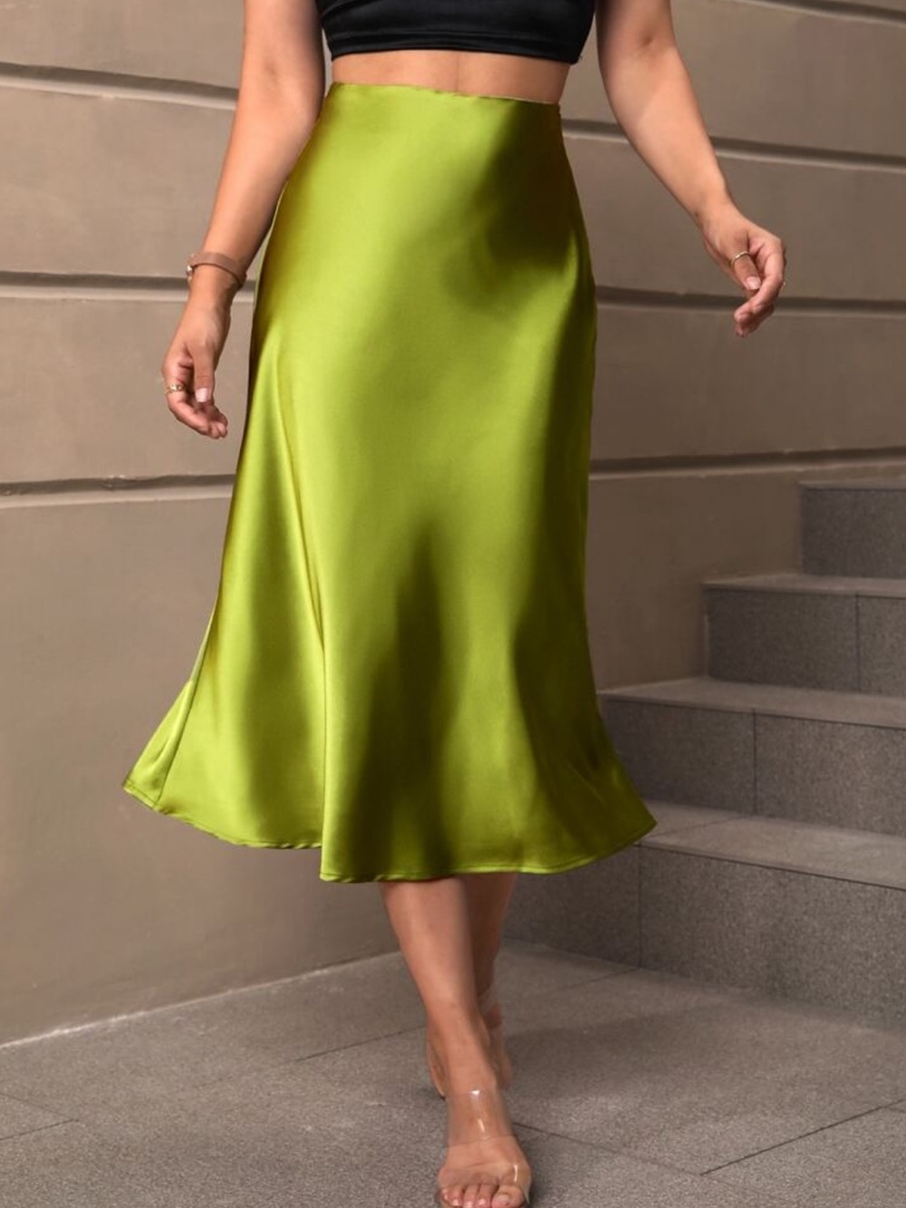 Olive Green Satin Midi Skirt